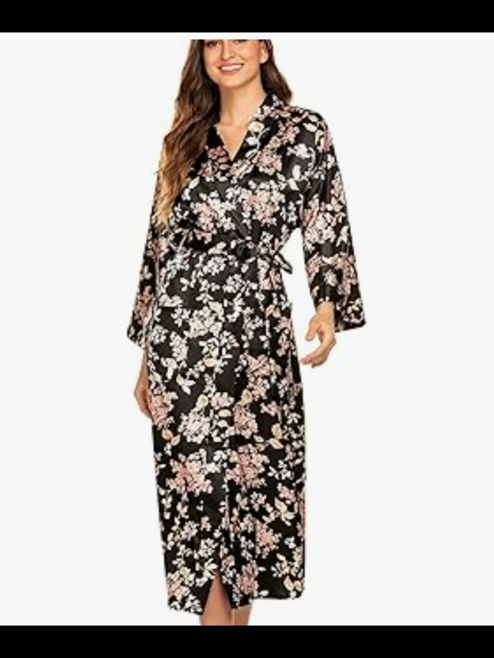 Floral Wrap Robe in Black and Pink With Pockets